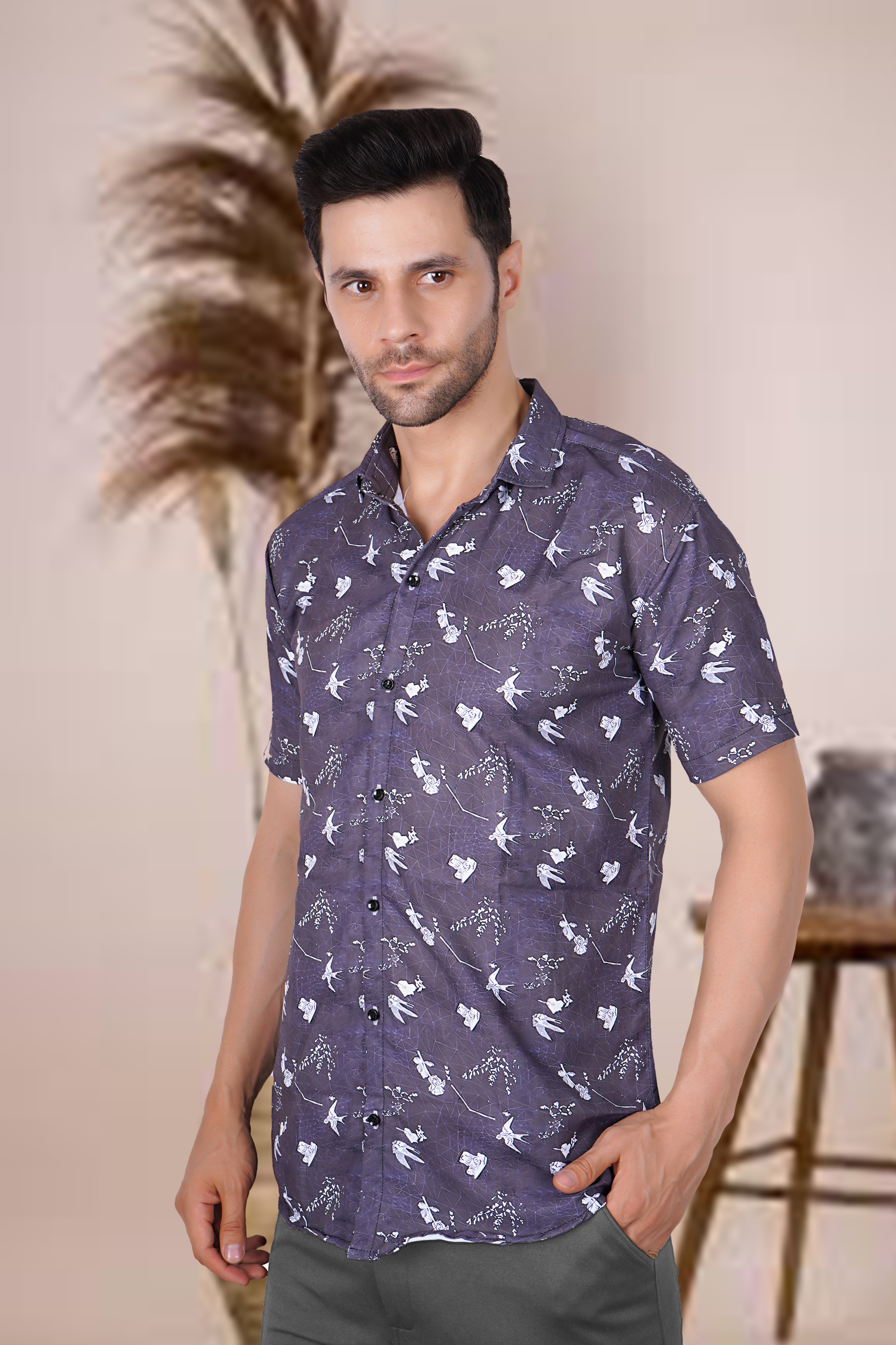 Classic Bird Print Casual Shirt AB #064