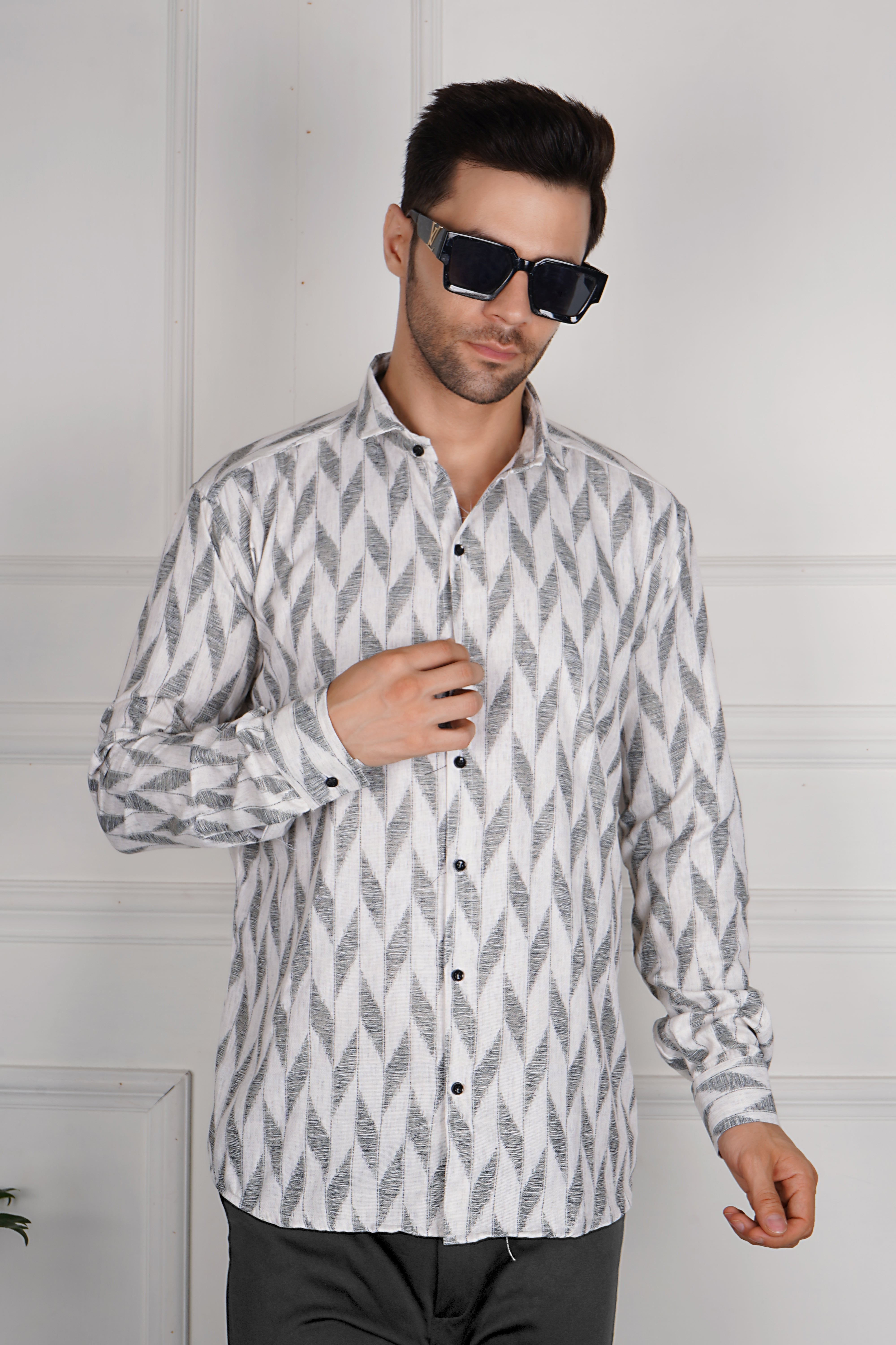 Stylish Men's Long-Sleeve Geometric Print Shirt AC #049