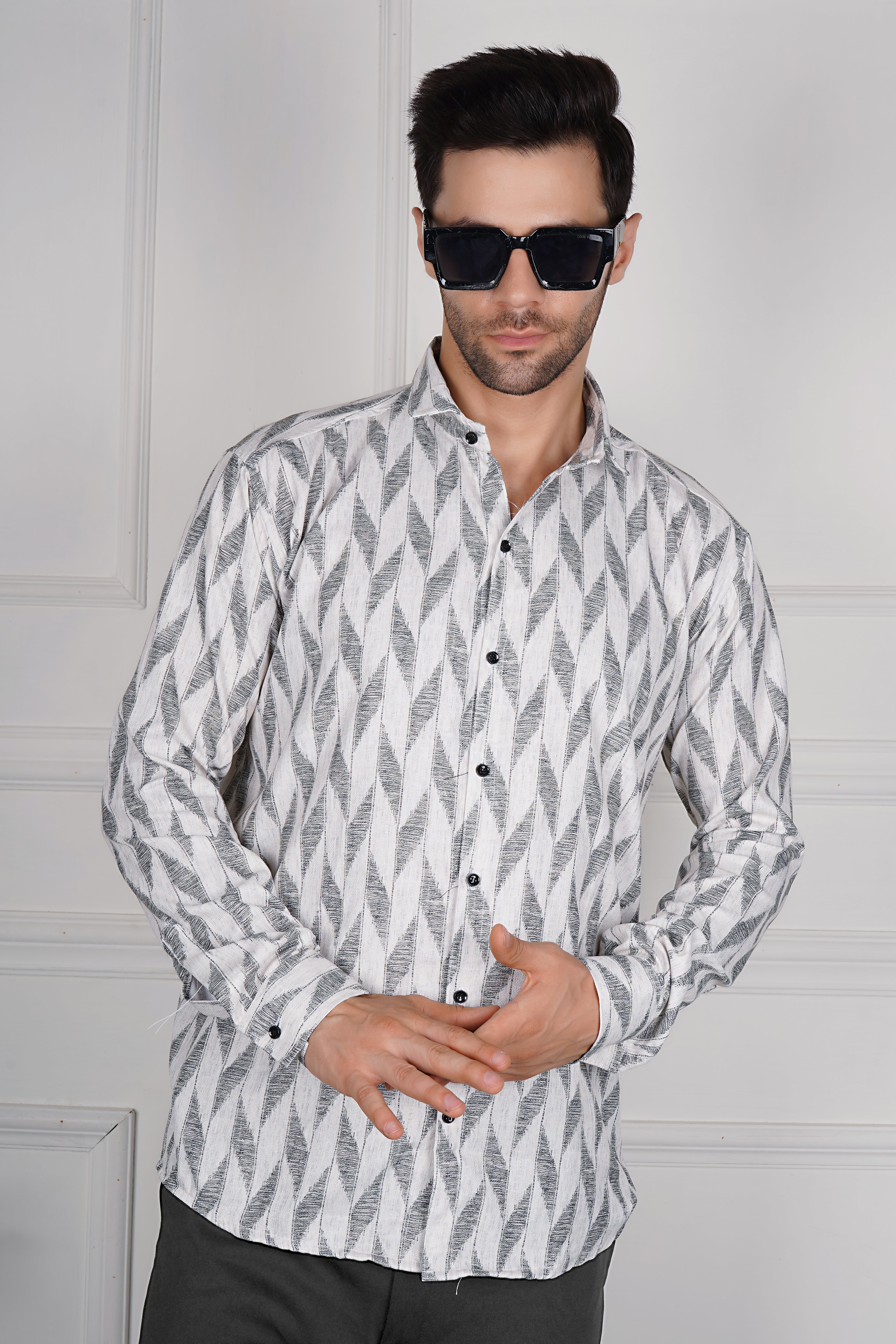 Stylish Men's Long-Sleeve Geometric Print Shirt AC #049