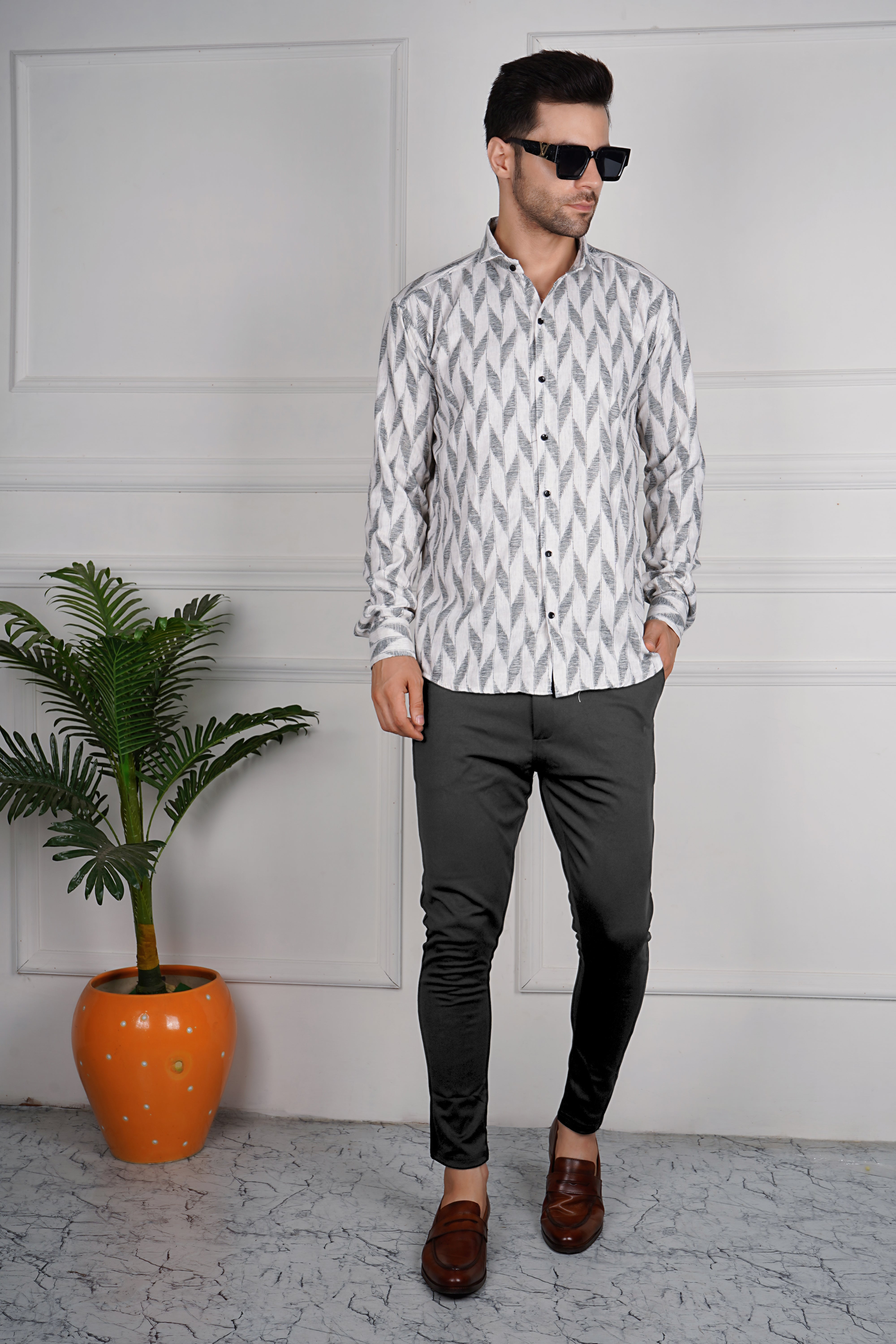 Stylish Men's Long-Sleeve Geometric Print Shirt AC #049