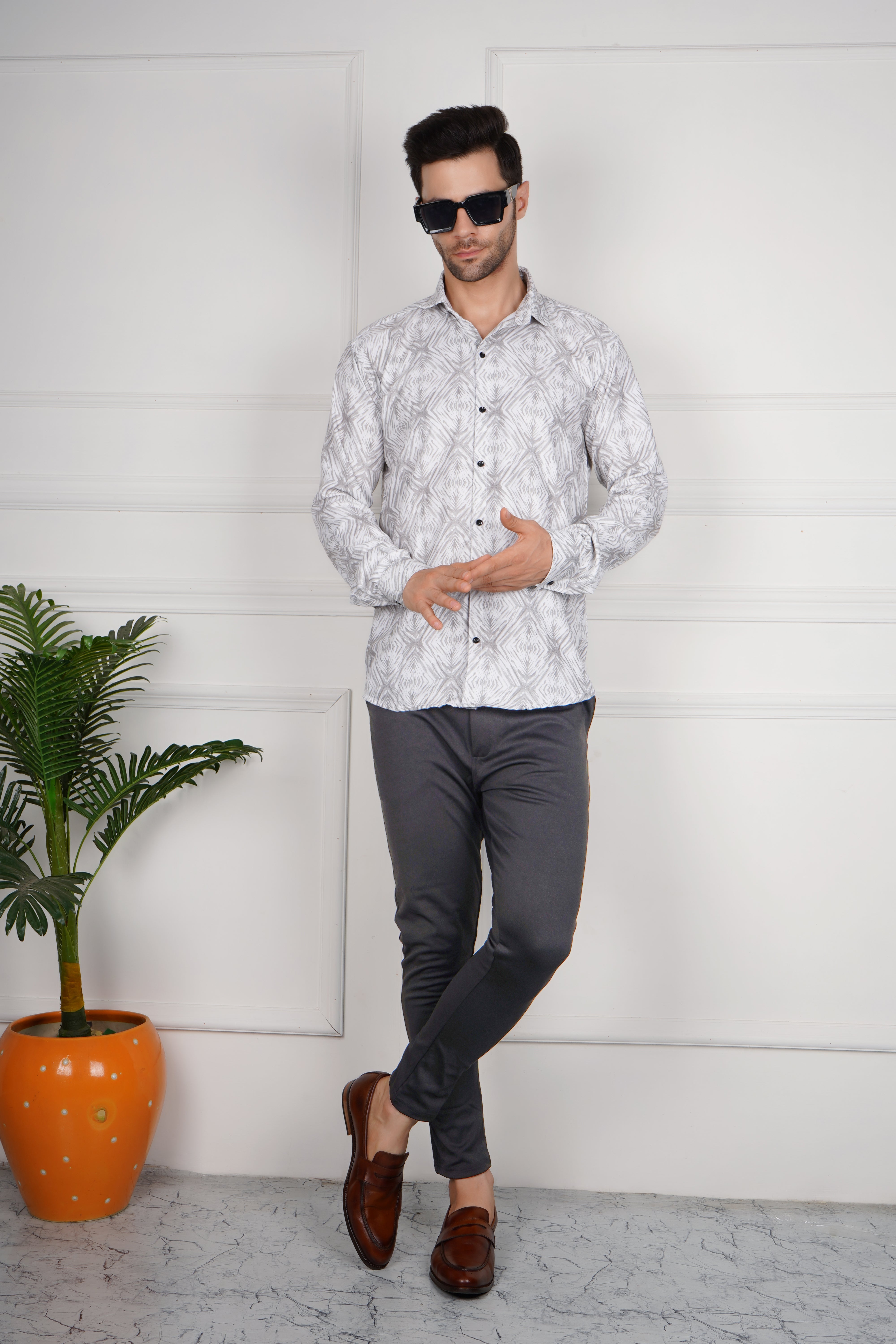 Contemporary Men's Long-Sleeve Abstract Print Shirt AC #050