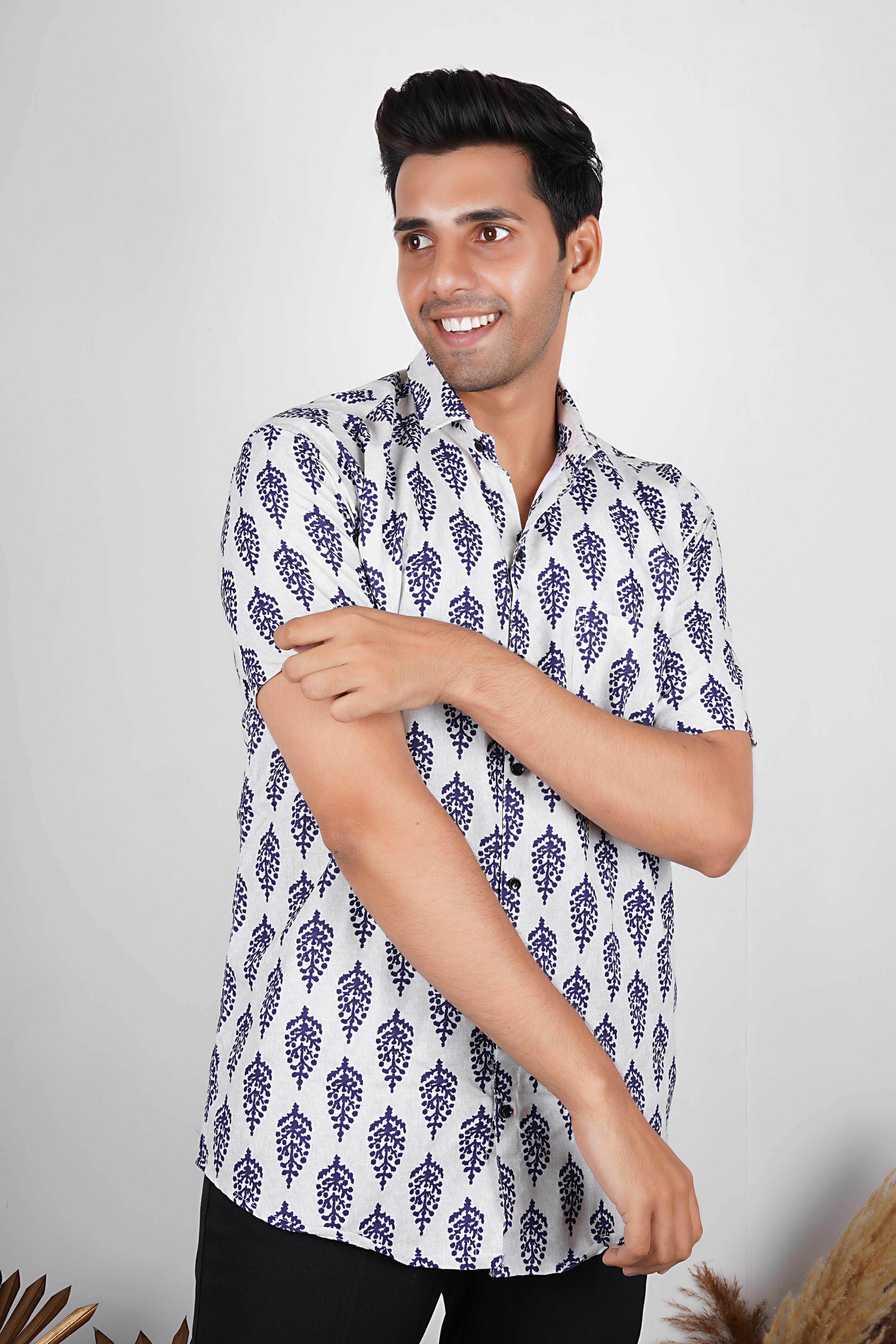 Classic Indigo Leaf Print Men's Shirt AB #027