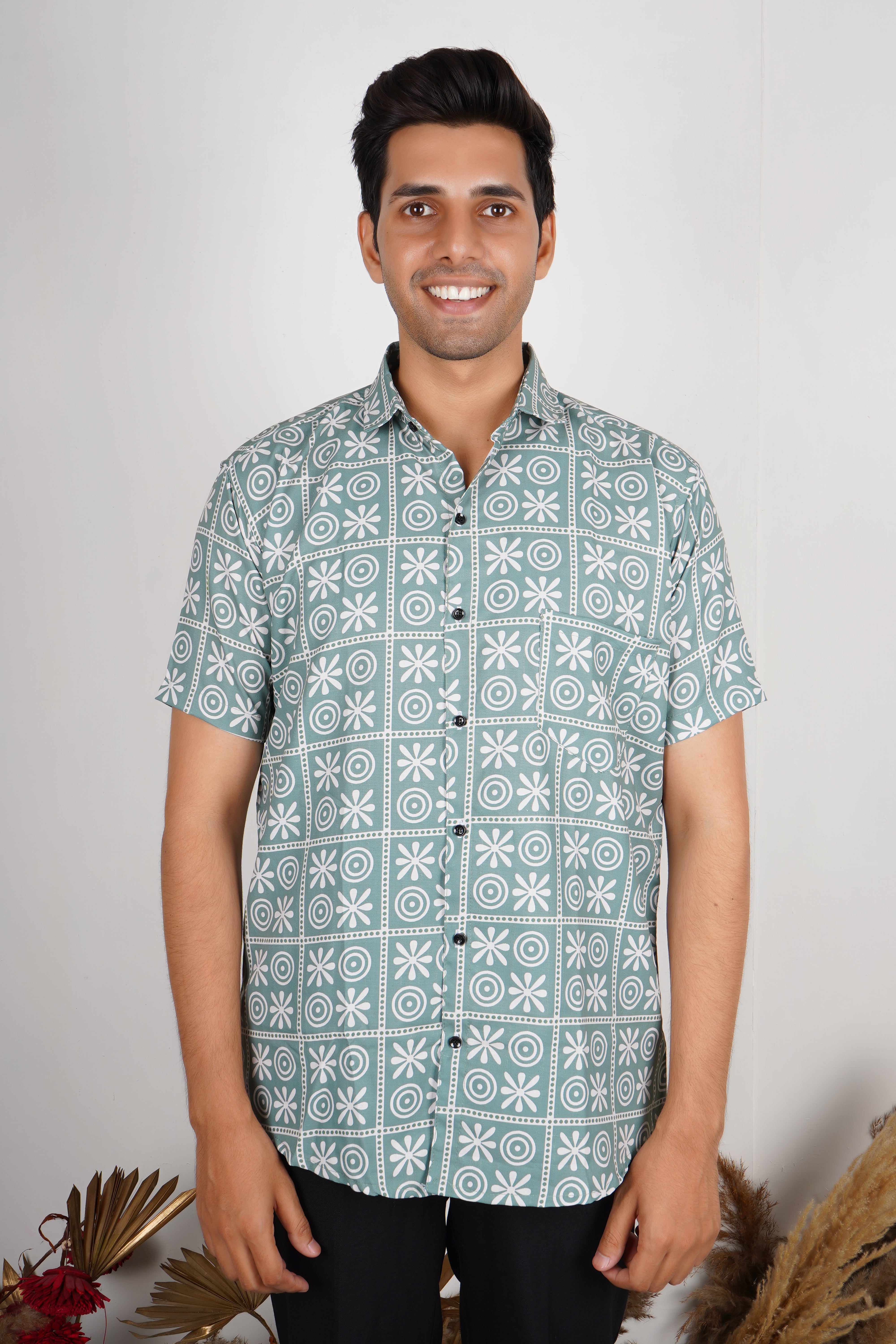 Retro Floral Grid Men's Shirt ab #030