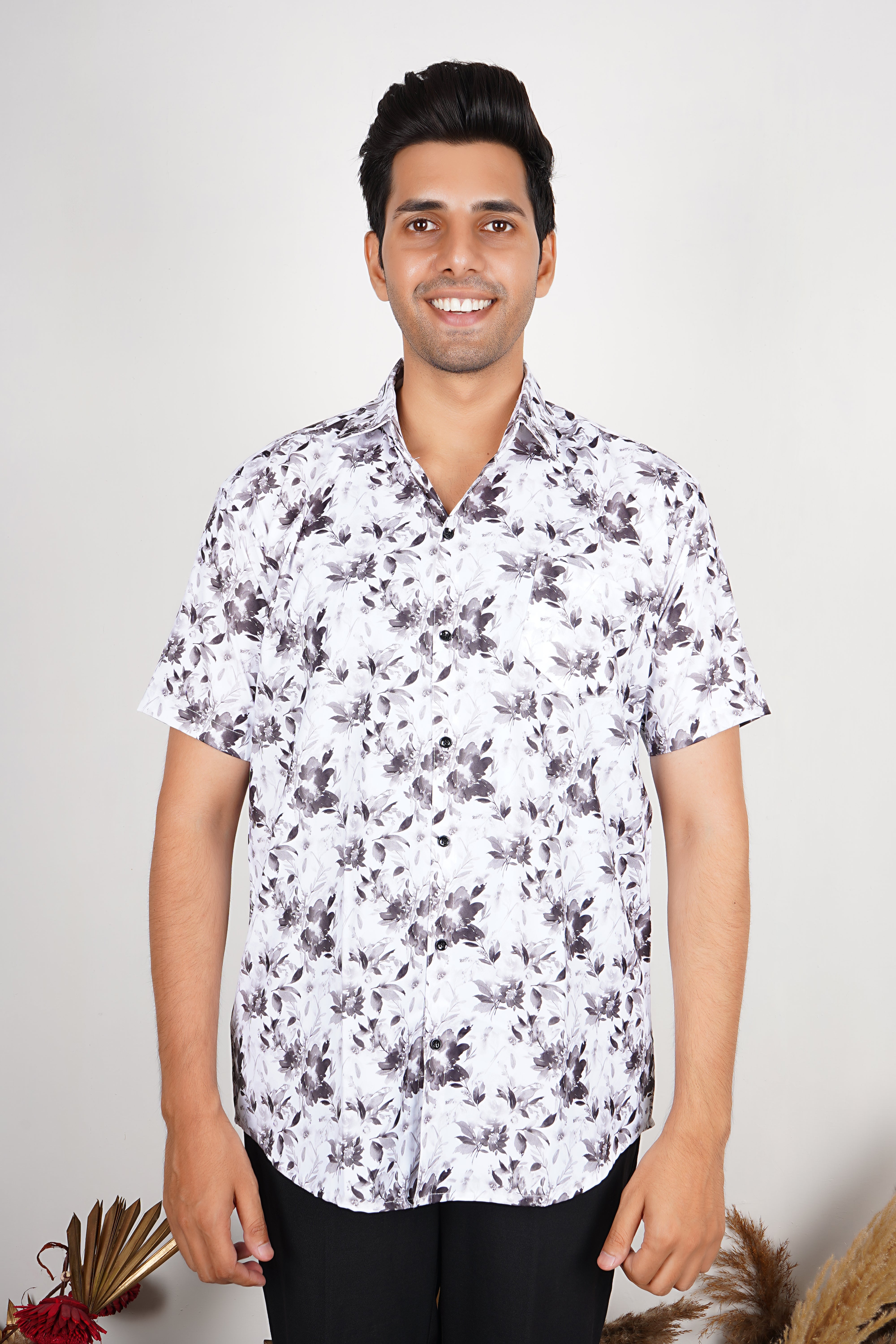 Monochrome Floral Print Casual Shirt AD #032