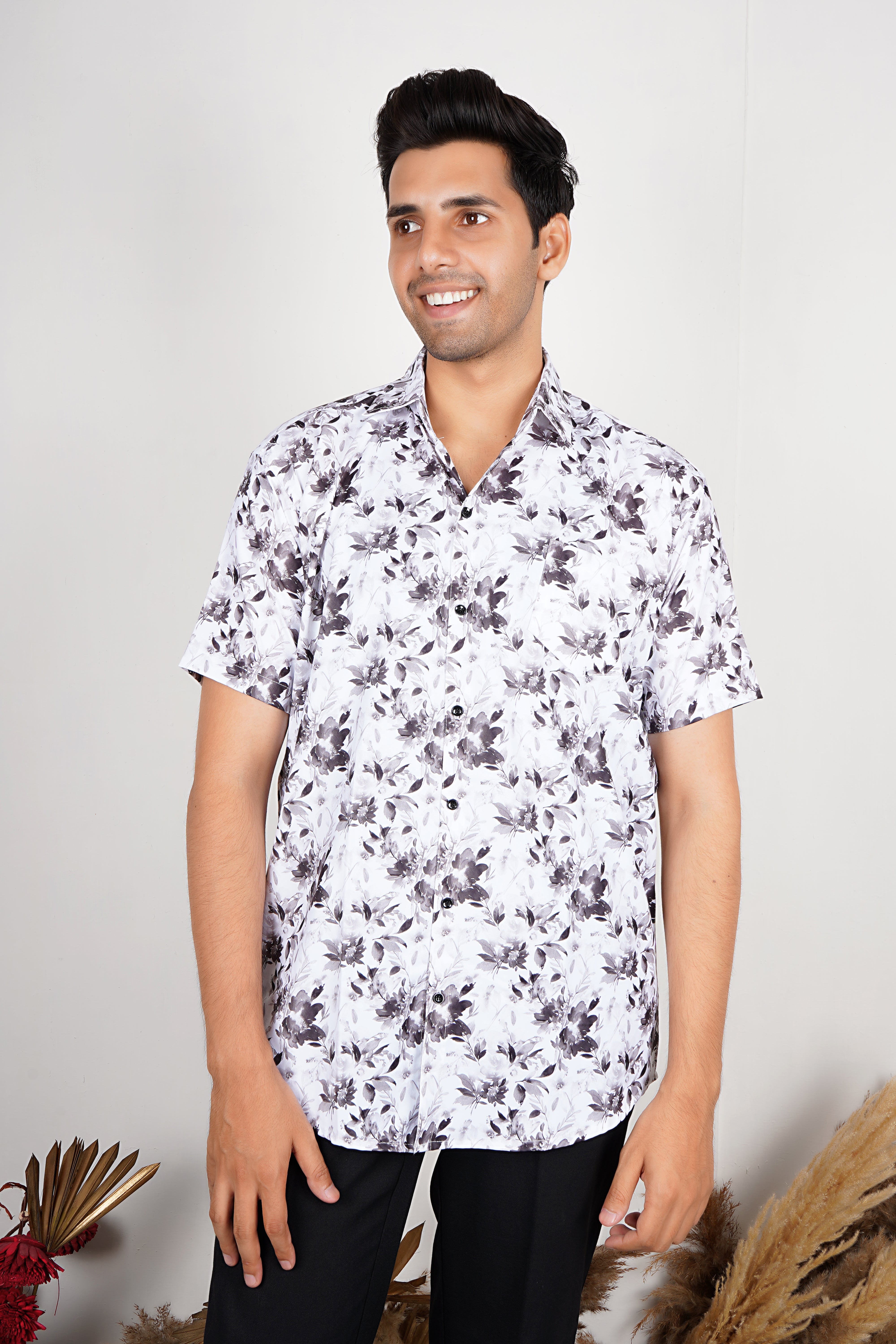 Monochrome Floral Print Casual Shirt AD #032