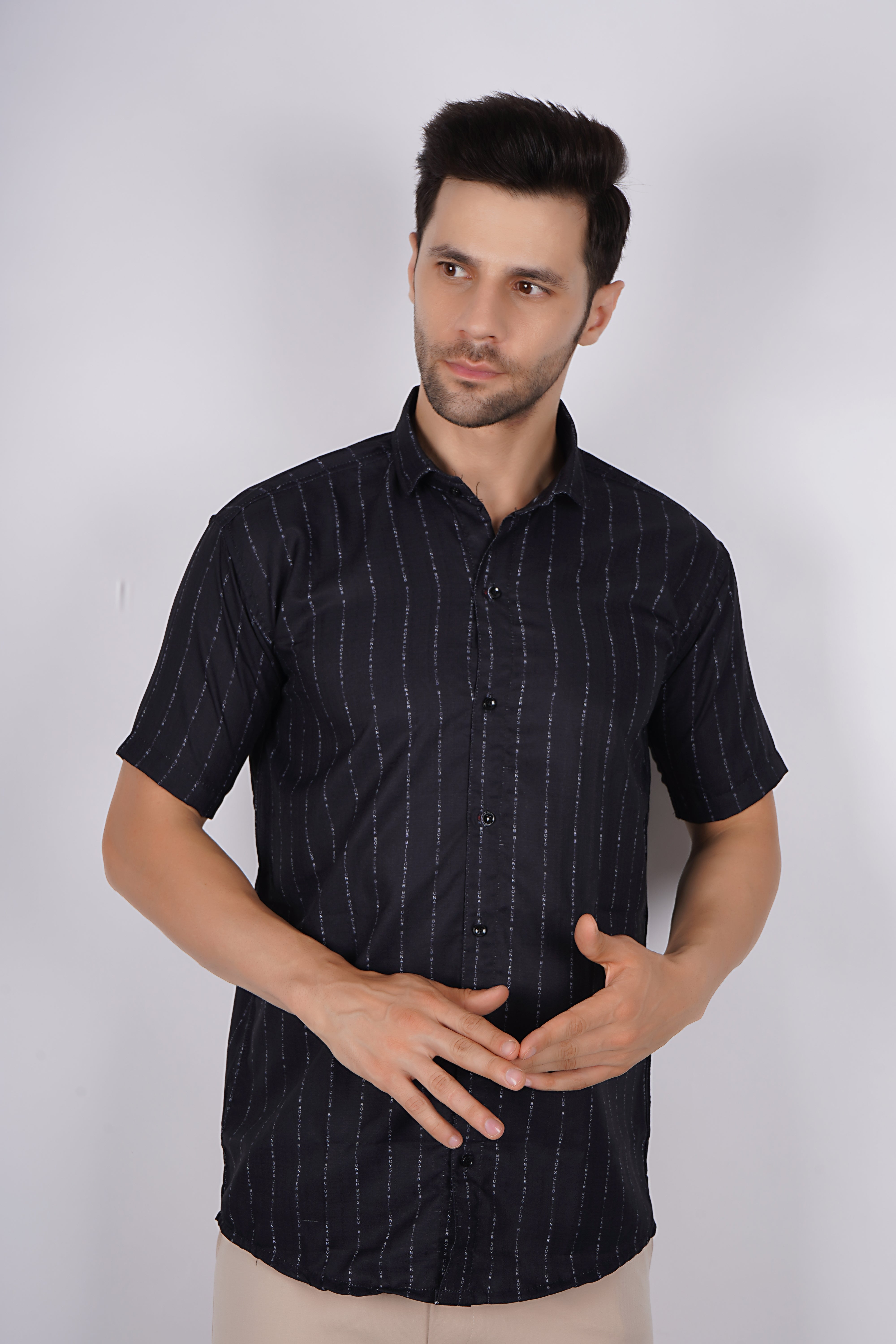 Elegant Black Striped Short Sleeve Shirt AB #054