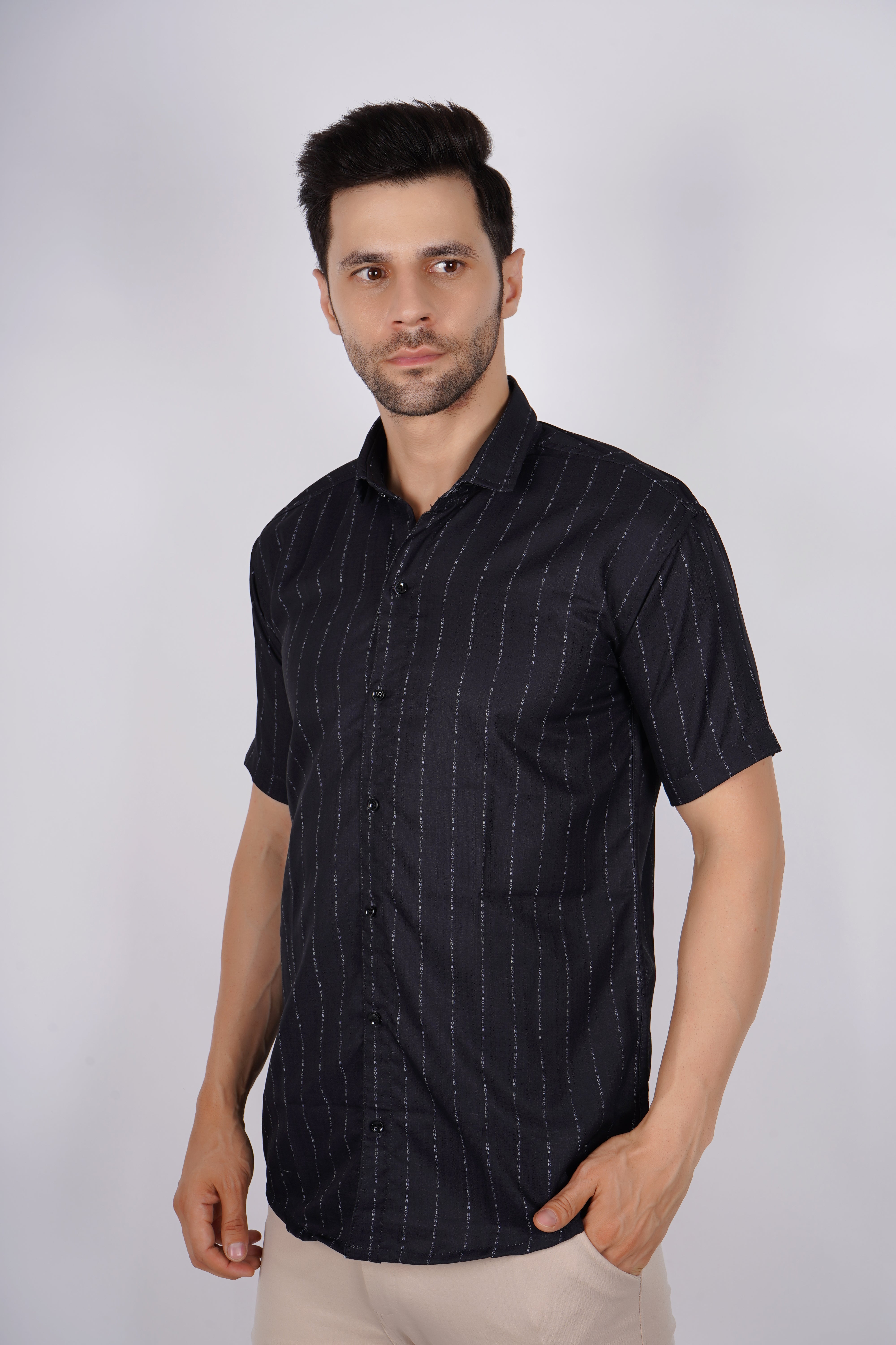 Elegant Black Striped Short Sleeve Shirt AB #054