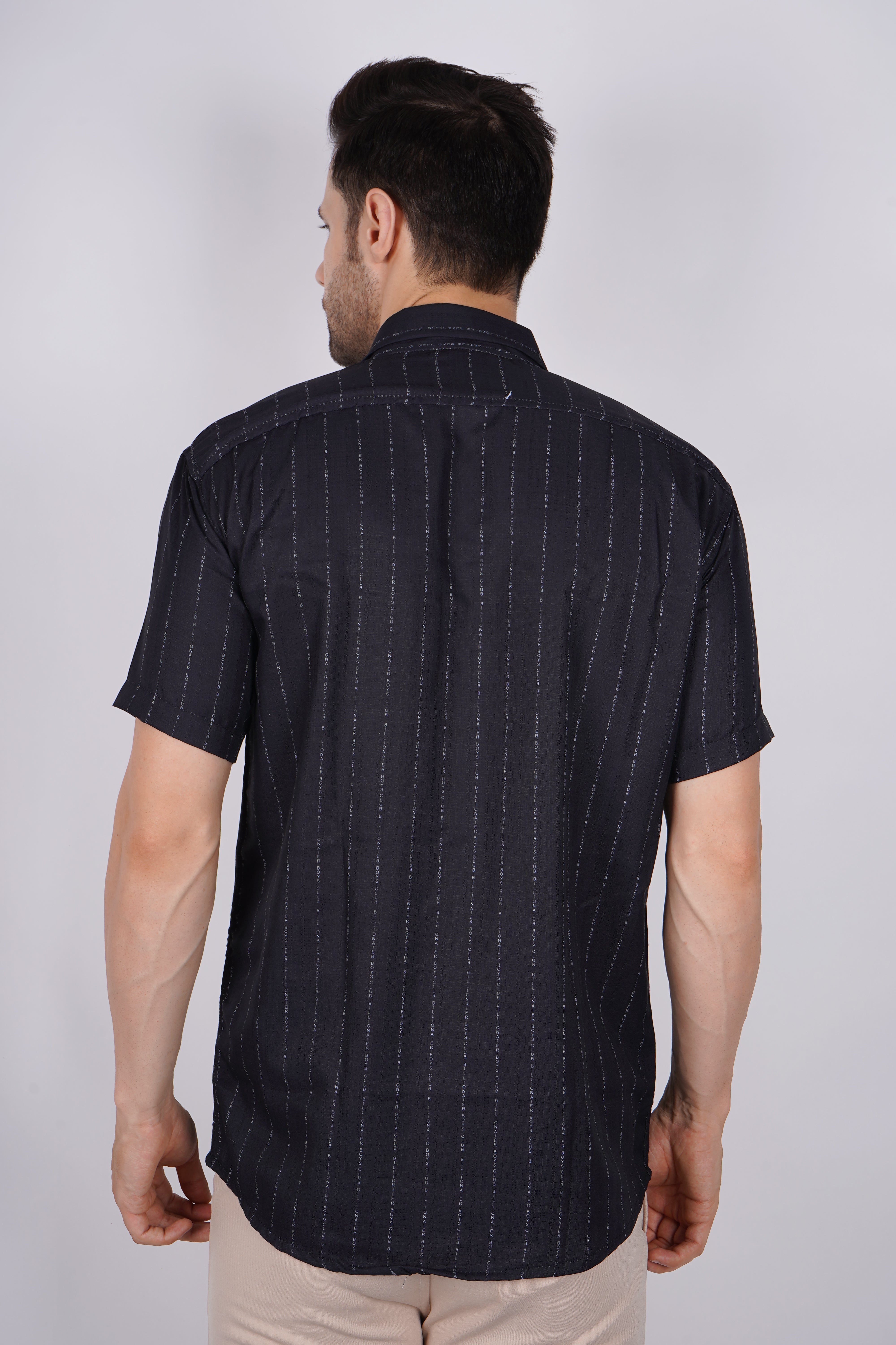 Elegant Black Striped Short Sleeve Shirt AB #054