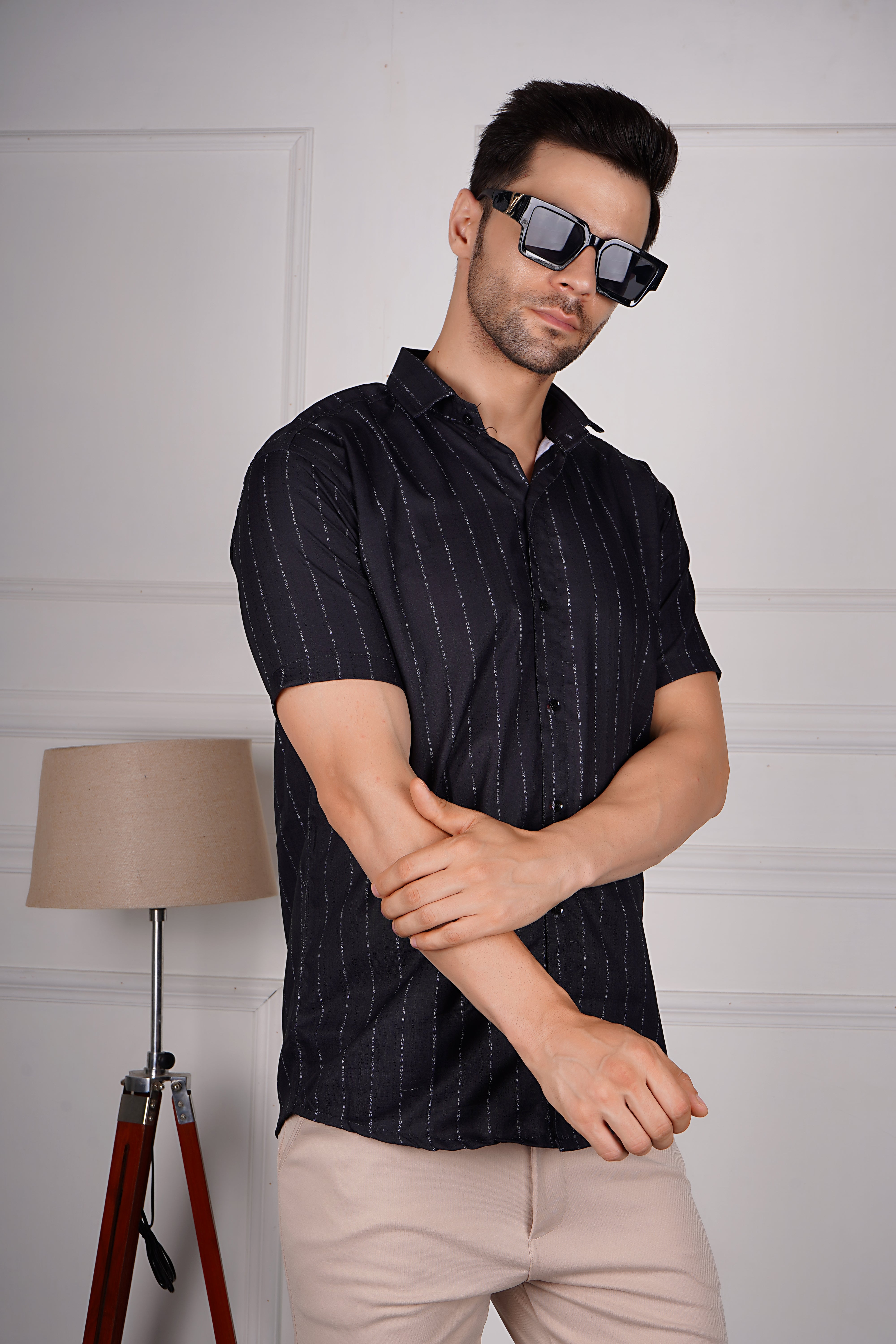 Elegant Black Striped Short Sleeve Shirt AB #054