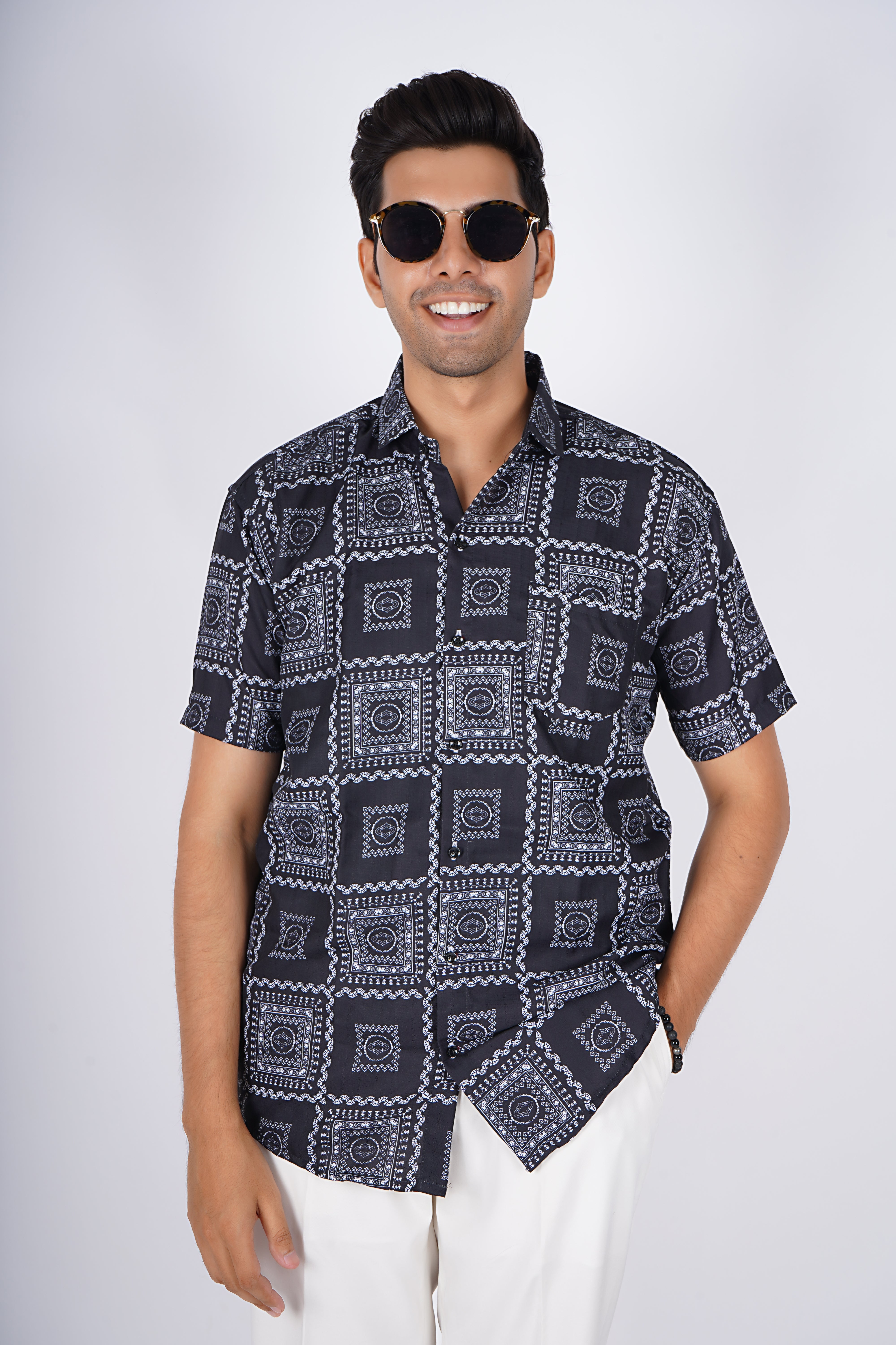 Black Geometric Patterned Men's Shirt AB #036