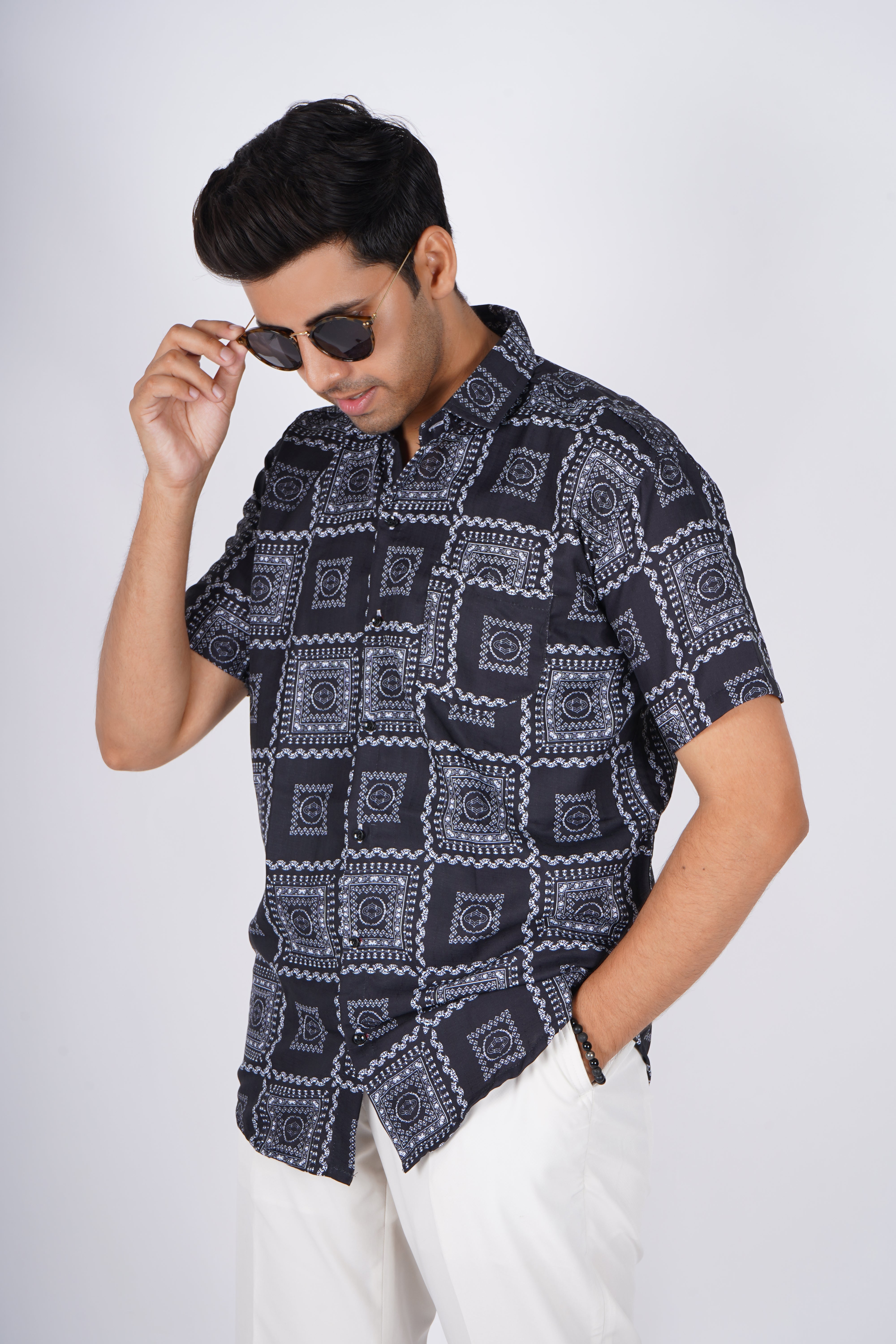 Black Geometric Patterned Men's Shirt AB #036