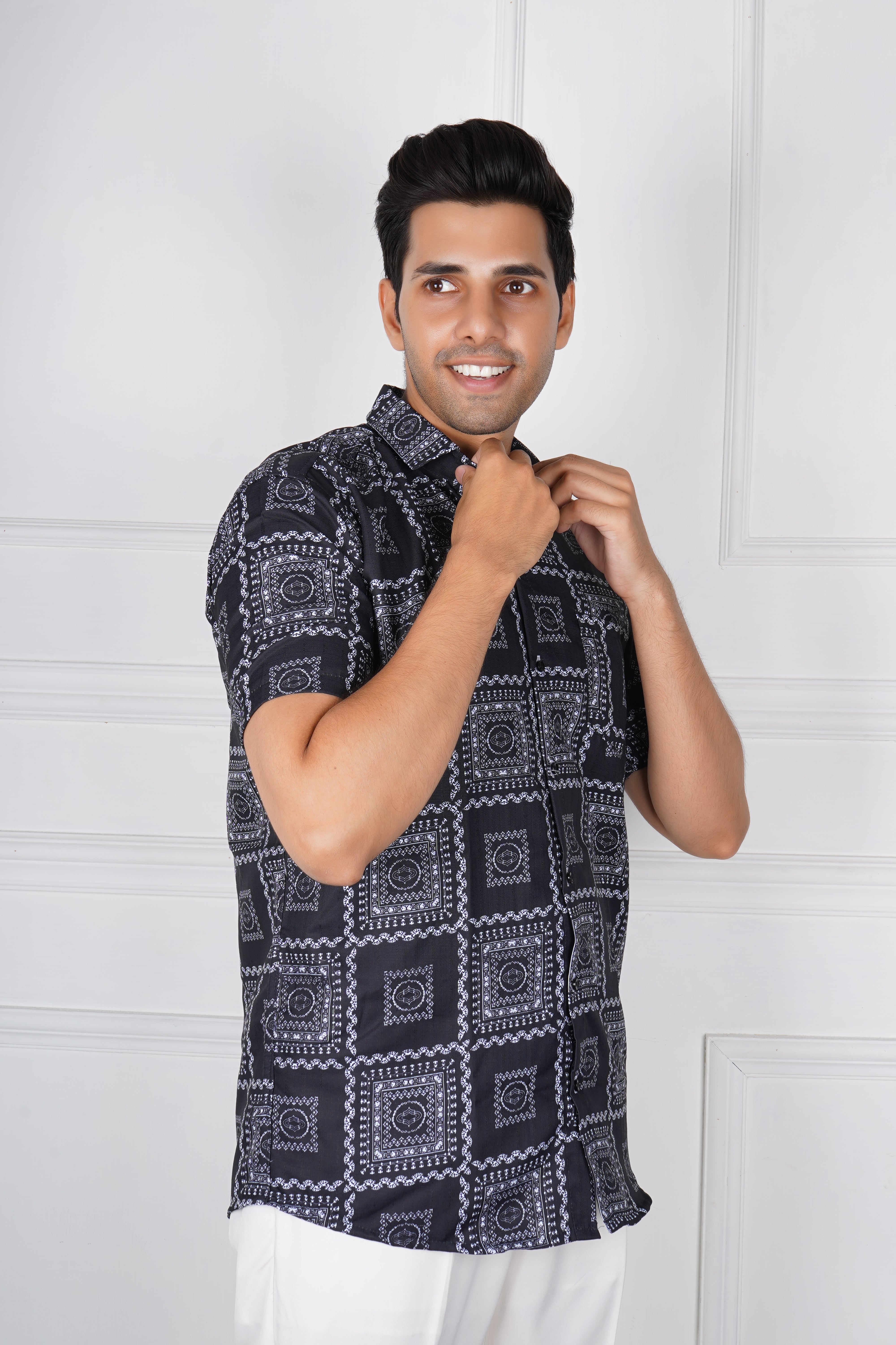 Black Geometric Patterned Men's Shirt AB #036