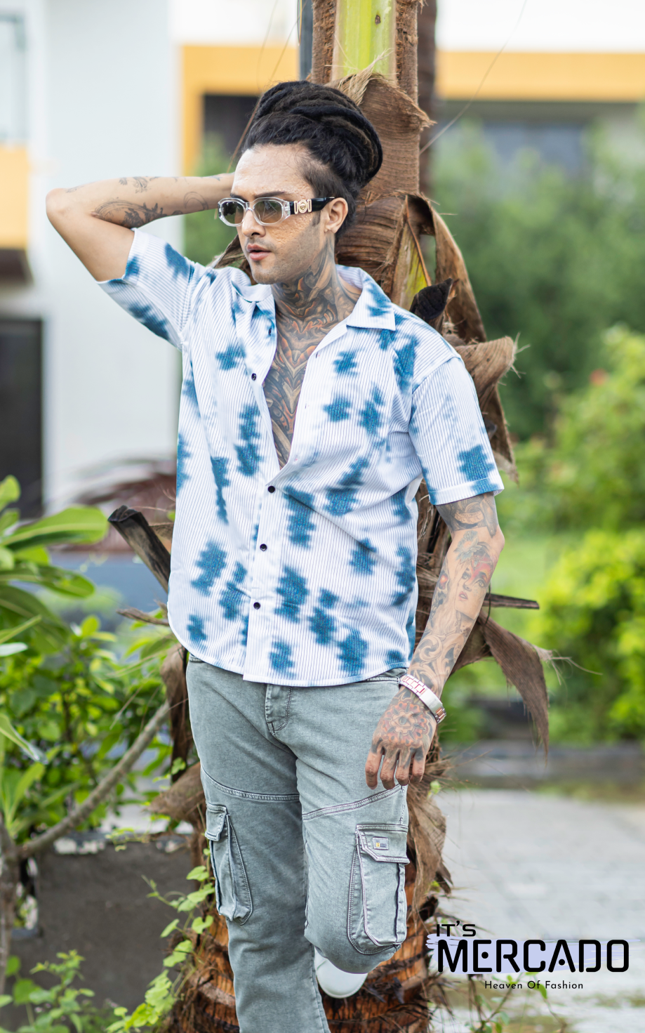 Men's Casual Blue Tie-Dye Oversize Shirt AA #005