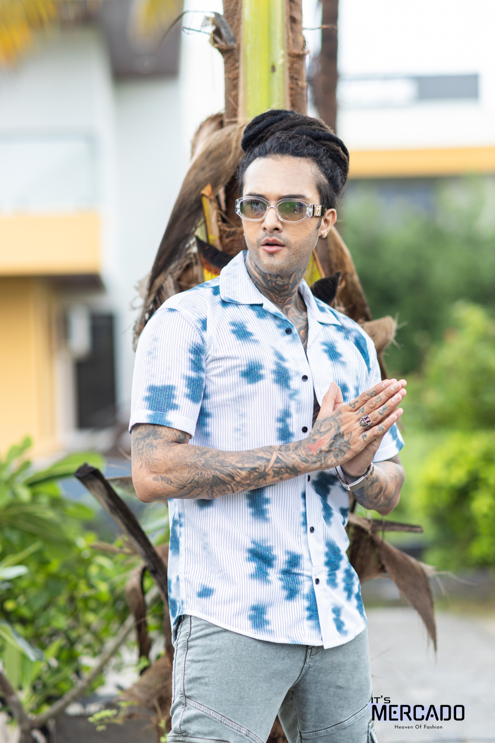 Men's Casual Blue Tie-Dye Oversize Shirt AA #005