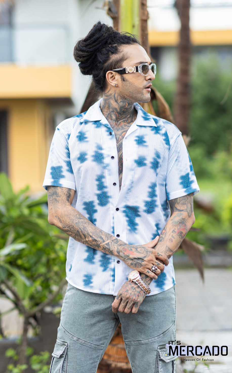 Men's Casual Blue Tie-Dye Oversize Shirt AA #005